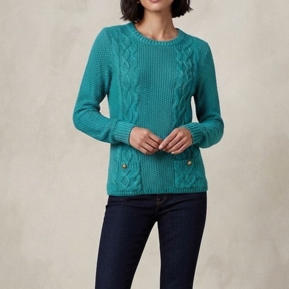 Laura Scott Teal‎ Cable Knit Sweater Pockets Gold Buttons L